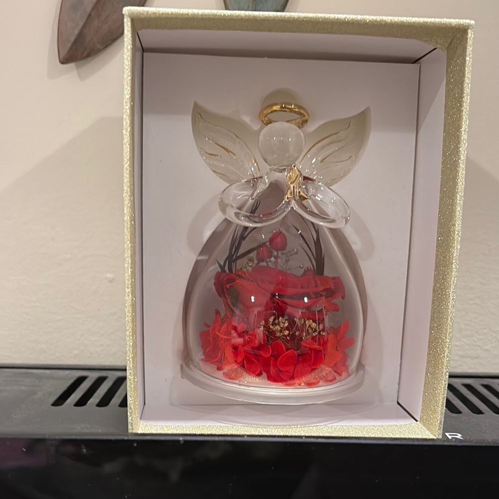 Glass Angel Figurine with Red Floral Design